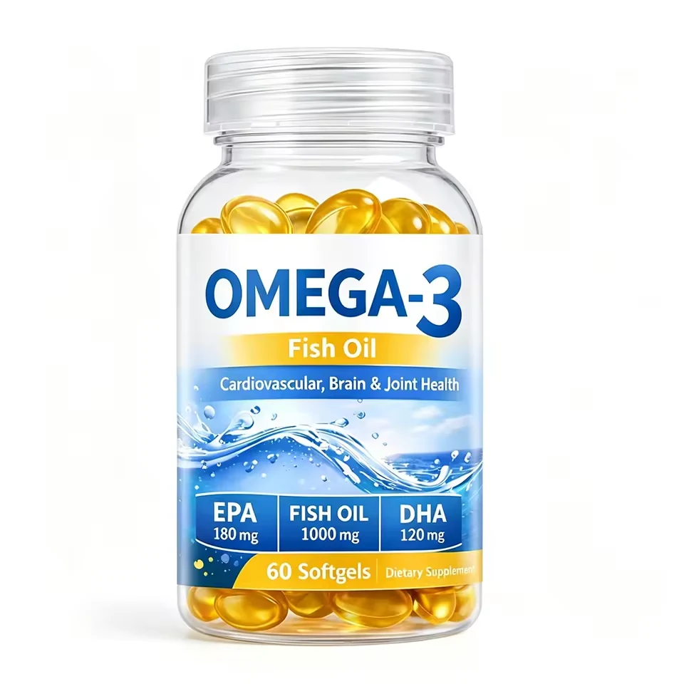 Omega-3 fish oil softgels in finished product packaging