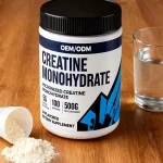 Creatine monohydrate powder jar with scoop and water