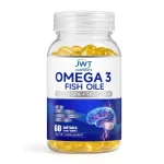 Clear bottle containing omega-3 fish oil softgel capsules