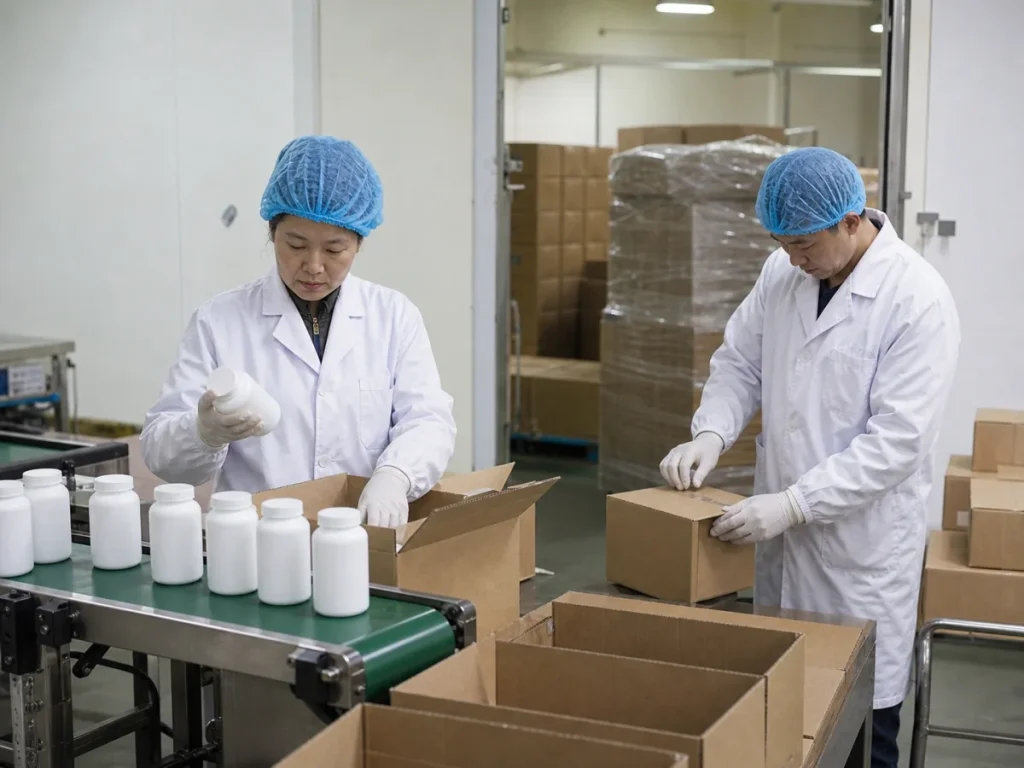 Finished supplement packaging prepared for global delivery